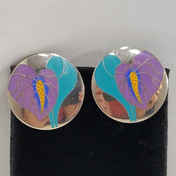 Vintage Laurel Burch "Antherium" Earrings, Rhodium Plated, 1980s Vintage Jewelry - Picture 9 of 10